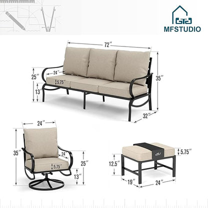 MFSTUDIO 5 Pieces Patio Conversation Sets,Outdoor Metal Furniture Sofas with 1 x 3-Seat Sofa, 2 x Swivel Chairs,2 x Ottoman,Wrought Iron Frame with Beige Cushion for Patio Courtyard Balcony