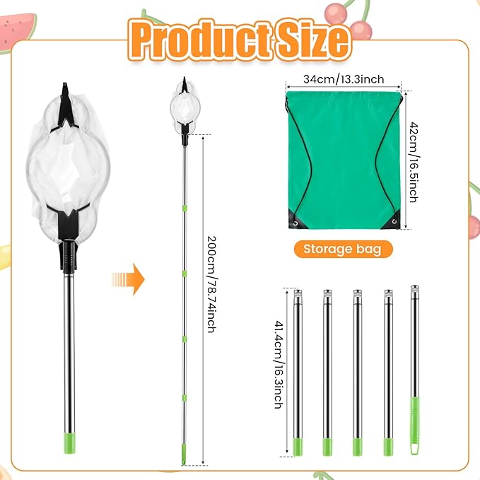 Fruit Picker Pole 6.5 FT Adjustable Pole with Soft Bag Fruit Catcher Equipment Tree Picker with Fruit Storage Bag for Apples Mango Pear Orange Avocados Fruit Picking(2m/6.56ft)