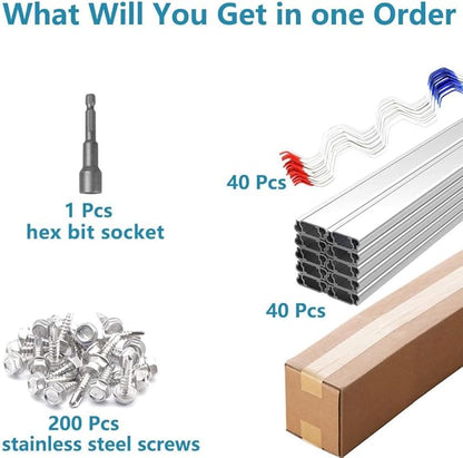 Greenhouse Spring Wire & Lock Channel 6.6 ft - PVC Coated Spring Wire & Aluminum U-Channel Bundle, Farmer Greenhouse Poly Film or Shade Cloth Attachment, 200 Mounting Screws Included [40 Pack]