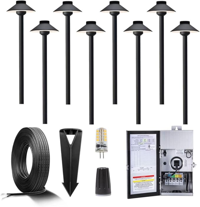 Gardenreet Black Brass Low Voltage Pathway Lights Kit(8 Pack) 12V LED with 150W Low Voltage Transformer and Mechanical Timer and 100 Feet Wire and 40Pack Connectors for Outdoor House Garden Sideway