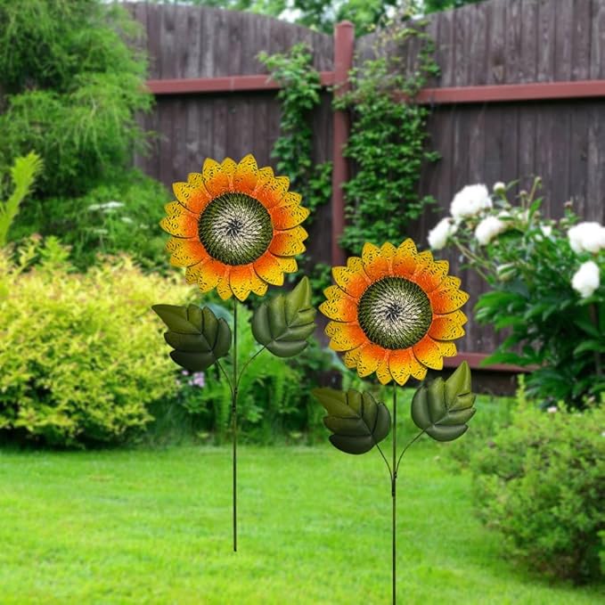 Outdoor Metal Sunflower Stakes, 40 Inch Height, 13 Inch Flower Head, Garden Decor, Set of 2