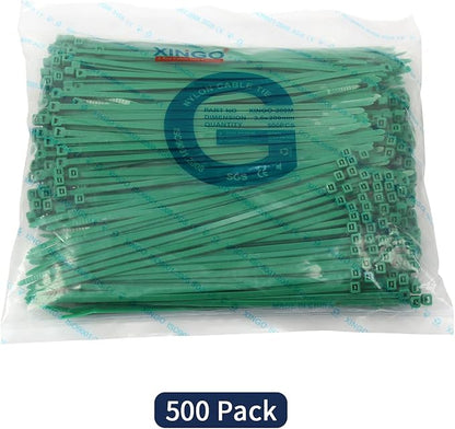 XINGO 8 Inch Green Cable Zip Ties (500 Pack), 40 Lbs Tensile Strength-Heavy Duty, Self-Locking Nylon Plastic Nylon Wire Ties for indoor and outdoor use
