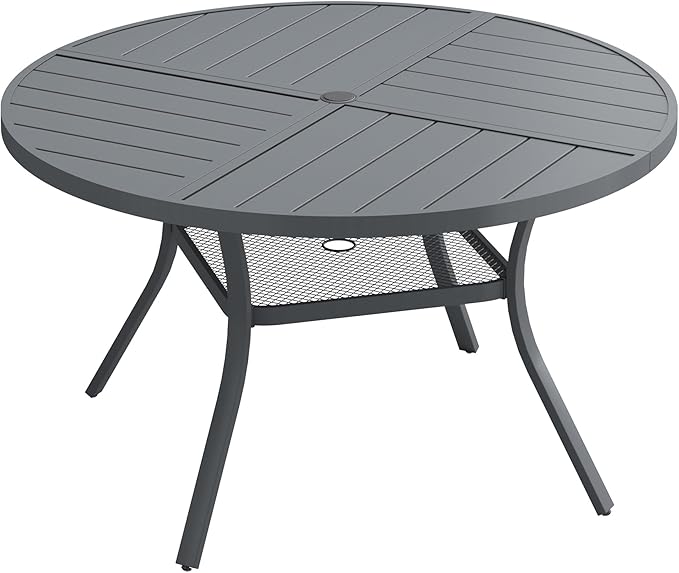 DIFY 47.2" Round Outdoor Patio Dining Table for 6, All-Weather Metal Steel Slatted Patio Table with 1.57" Adjustable Umbrella Hole, for Lawn Garden Porch Backyard, Grey
