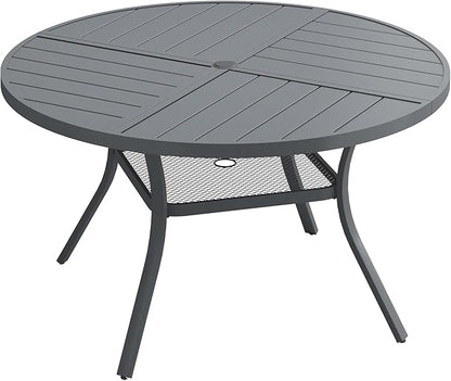 DIFY 47.2" Round Outdoor Patio Dining Table for 6, All-Weather Metal Steel Slatted Patio Table with 1.57" Adjustable Umbrella Hole, for Lawn Garden Porch Backyard, Grey