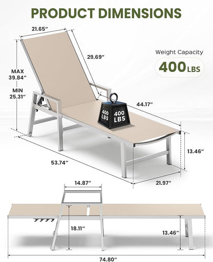Patio Chaise Lounge Chair Outdoor with Wheels&Armrests, Aluminum Pool Lounge Chairs Set of 2 Five-Position Adjustable Recliner, Outdoor Beach Lounge Chairs for Poolside, Patio, Deck, Yard, Khaki