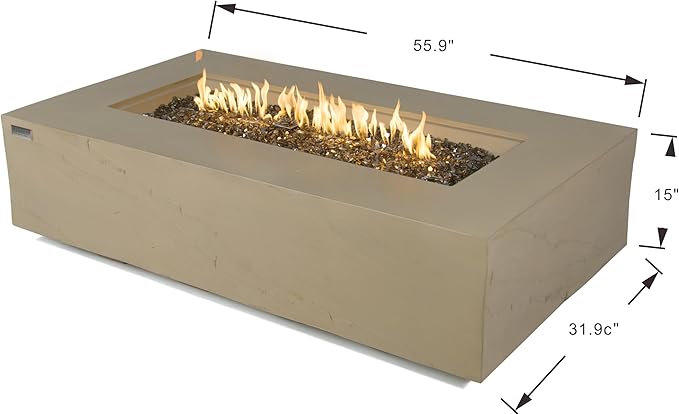 Elementi+ | Colorado Gas Fire Pit Cast Concrete 56" Rectangular Fire Table, Outdoor Fire Pit Electronic Ignition | Canvas Cover, Fire Glass and Burner Lid Included | Sunlight Yellow | Propane Gas
