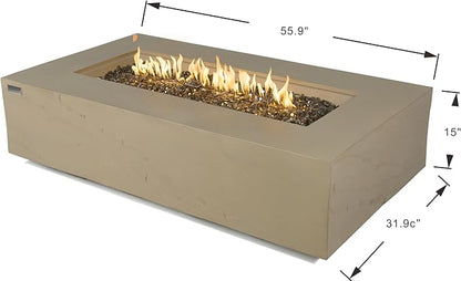 Elementi+ | Colorado Gas Fire Pit Cast Concrete 56" Rectangular Fire Table, Outdoor Fire Pit Electronic Ignition | Canvas Cover, Fire Glass and Burner Lid Included | Sunlight Yellow | Propane Gas