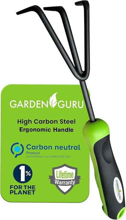 Garden Guru Hand Cultivator Rake Tiller Tool – High Carbon Steel for Ultimate Strength - Rust Resistant – Ergonomic Handle – Great for Gardening Cultivating Loosening Weeding
