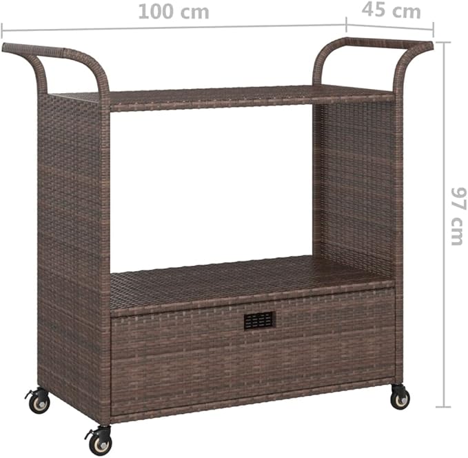 Outdoor Rolling Wicker Bar Cart with Drawer, Portable Bar Cart with Wheels, Patio Kitchen Island Cart for Pool Deck Backyard, Brown 39.4"x17.7"x38.2" Poly Rattan -459
