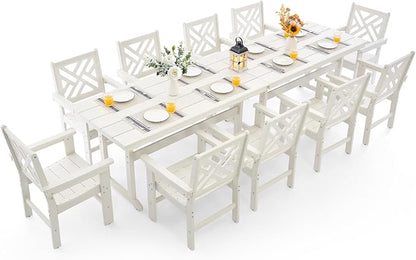 12 Piece HDPE Outdoor Dining Set for 10, Patio HDPE Furniture Set with 2 Table and Umbrella Hole, Outdoor Table and Chairs for Garden, Poolside, Backyard, Deck
