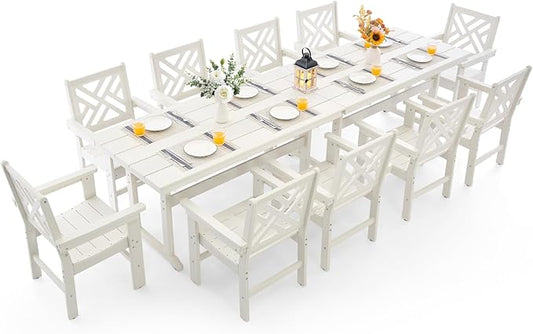 12 Piece HDPE Outdoor Dining Set for 10, Patio HDPE Furniture Set with 2 Table and Umbrella Hole, Outdoor Table and Chairs for Garden, Poolside, Backyard, Deck