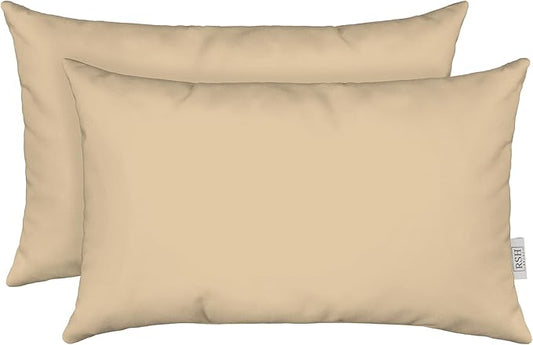 RSH DECOR: Lumbar Throw Pillows Set of 2 | 20” x 12" | All-Weather Spun Fabric | Water and Fade-Resistant | Outdoor Support Pillows for Patio Furniture | Tan