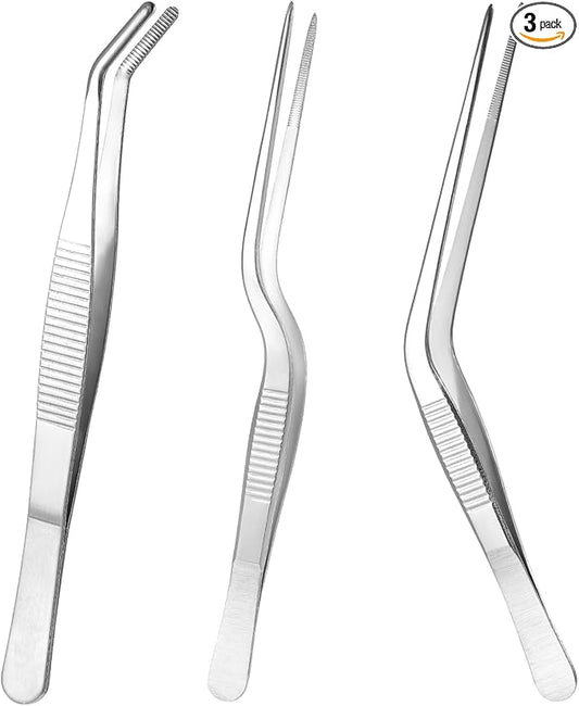 Garden Tweezers, 3 Pcs Stainless Steel Plant Tweezer Set Straight and Curved Precision Tweezers Multipurpose Bonsai Tools for Garden, Kitchen, Indoors and Outdoors (6.22Inch / 6.3Inch / 6.4Inch)
