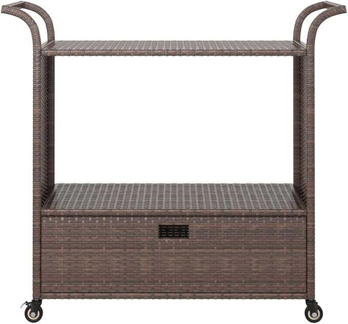 Outdoor Rolling Wicker Bar Cart with Drawer, Portable Bar Cart with Wheels, Patio Kitchen Island Cart for Pool Deck Backyard, Brown 39.4"x17.7"x38.2" Poly Rattan -459