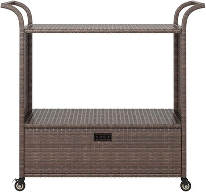 Outdoor Rolling Wicker Bar Cart with Drawer, Portable Bar Cart with Wheels, Patio Kitchen Island Cart for Pool Deck Backyard, Brown 39.4"x17.7"x38.2" Poly Rattan -459