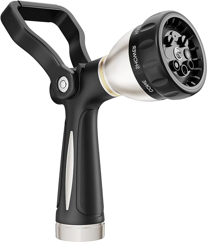 FANHAO Heavy Duty Fireman's Hose Nozzle, Metal Water Nozzle with 8 Spray Patterns，High Pressure Garden Hose Sprayer with Lever Control and Non-Slip Grip to Water Lawns & Plants, Wash Cars & Clean