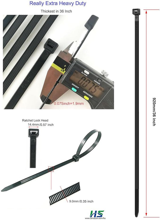 Case of 24 Packs,50/Pack,HS Extra Long Heavy Duty Zip Tie Straps Thick 0.35 Inch Plastic Duct Zip Ties Heavy Duty 200 Pounds,Black Large Zip Ties 36 Inch for HVAC,Travel,Packaging,Vessel
