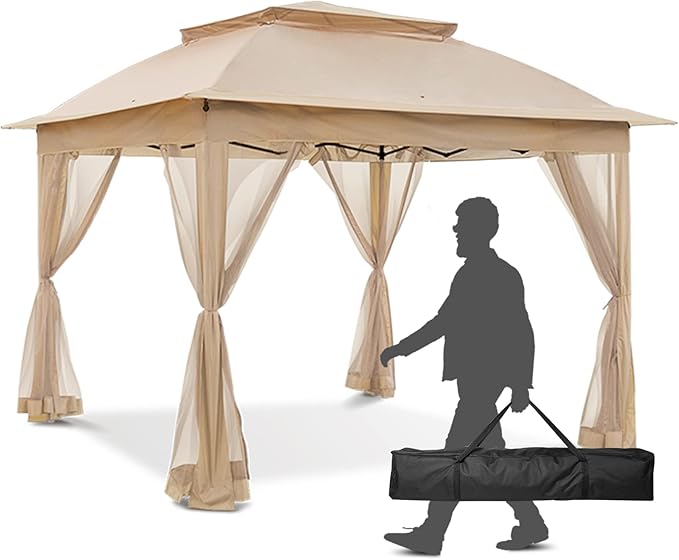 11x11 Outdoor Pop up Gazebo Tent with Mesh Walls for Patio, Lawn, Backyard and Deck, Khaki