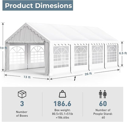 GREEN PARTY 13x26FT Party Tent Heavy Duty, Large Wedding Event Shelters with 3 Carry Bags & Removable Sidewalls, Outdoor Canopy Gazebo Commercial Tent for Carport Camping Garden Patio