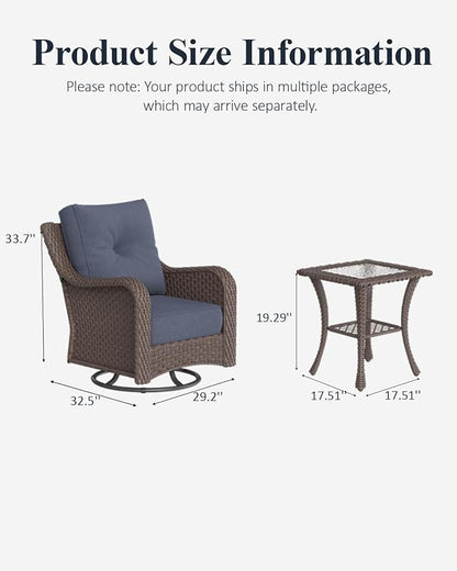 LayinSun 3 Piece Wicker Outdoor Furniture Set with 6-inch Comfy Cushions, High Back Patio Furniture Set with Swivel Rocking Chairs and Side Table