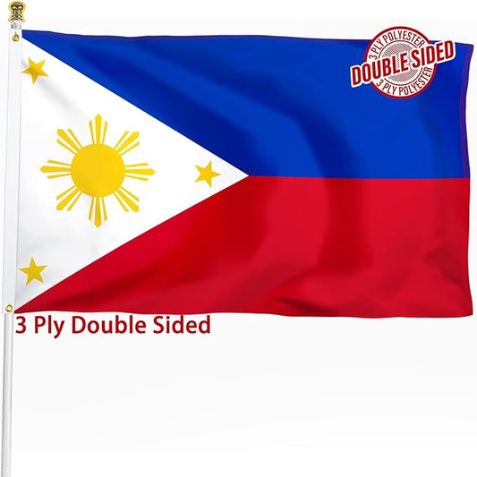 Philippines Filipino Flag 3x5 ft Outdoor, Double Sided 3 Ply Heavy Duty National Flag for PH, 100% Quality Polyester Filipino Banner with Brass Grommets 4 Rows Stitches