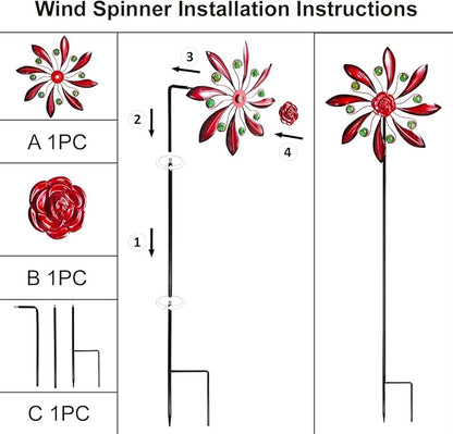 Rose Outdoor Metal Wind Spinner, Single-Layer Kinetic Garden Art with Vibrant Red Finish - Weatherproof Wind Sculpture for Lawn, Patio, Yard Decor - 10''W x 36''H