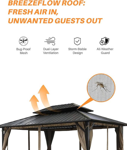 10' x 12' Hardtop Gazebo, Aluminum Frame Outdoor Patio Gazebo with Netting and Curtains, Outdoor Hardtop Gazebos, Patio Pergolas with Double Metal Roofs for Backyard, Patio, Deck, Sandstone