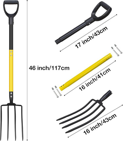 Pitchfork, Steel Tines, Manual Hay Fork, Pitchforks for Gardening Digging Composting Spading,4Tines Garden Fork witn Fiberglass Handle,46Inches (Black)