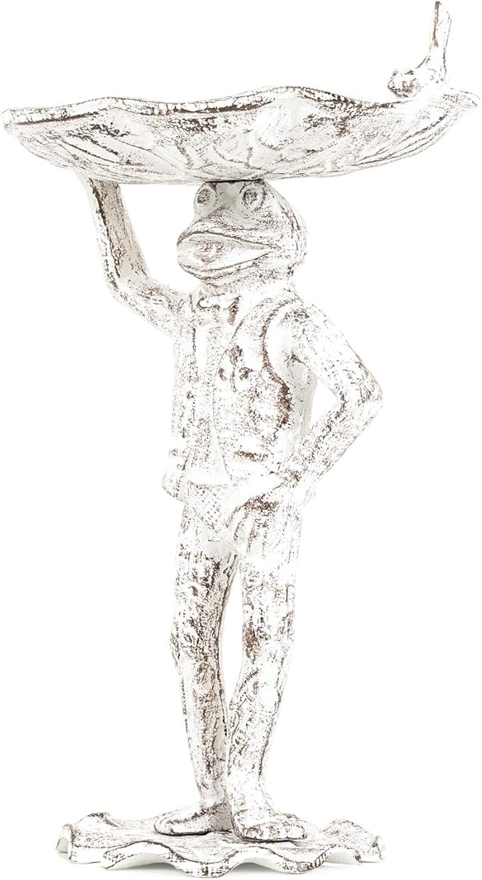 Sungmor Cast Iron Frog Bird Feeder, Garden Frog Statue Holding Leaf Outdoor Small Bird Bath Bowl, Indoor Candy Dish, Patio Tabletop Decoration