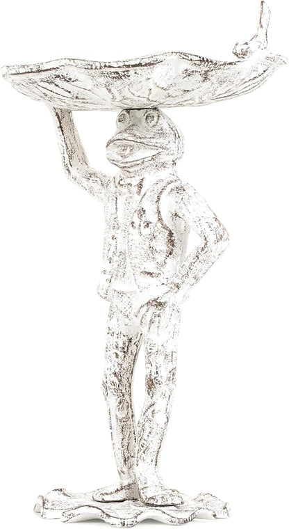 Sungmor Cast Iron Frog Bird Feeder, Garden Frog Statue Holding Leaf Outdoor Small Bird Bath Bowl, Indoor Candy Dish, Patio Tabletop Decoration