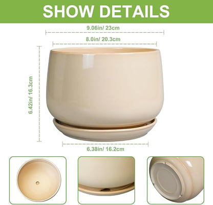 G EPGardening Ceramic Plant Pots - 9 Inch Round Planter, Ceramic Flower Pots with Drainage and Saucer, Modern Indoor Outdoor Planter, Room Decor, Home Gifts, Beige