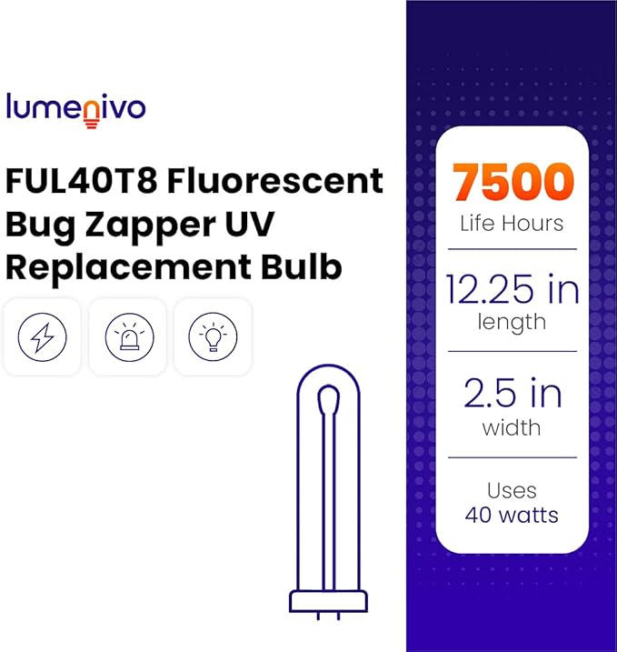 lumenivo FUL40T8 Fluorescent Black Light Bug Zapper Ultraviolet Replacement Bulb 40 Watt, G10Q-4 Square 4 Pin Base, T8 U Shape Bug Zapper Bulb Replacement - 1 Pack