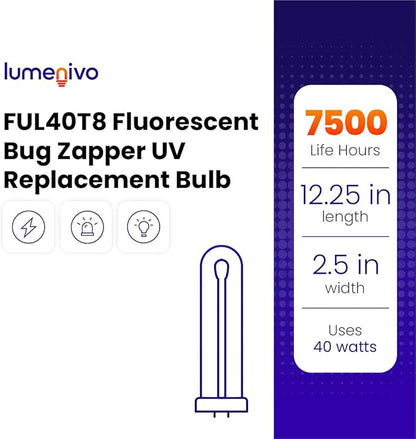 lumenivo FUL40T8 Fluorescent Black Light Bug Zapper Ultraviolet Replacement Bulb 40 Watt, G10Q-4 Square 4 Pin Base, T8 U Shape Bug Zapper Bulb Replacement - 1 Pack