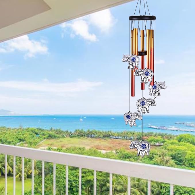 Blue Evil Eye Elephant Wind Chimes Outdoor Decor, Mobile Evil Eye Wind Catcher, Evil Eye Elephant Wind Bells, Blue Evil Eye Amulet Wind Chimes for Home, Gift for Mom, Balcony, Patio, Garden Decoration