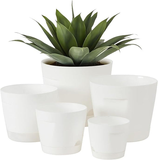 5 Pack Plastic Planters with Drainage, Self Watering Pots for Indoor Plants, Small Cute Plastic Pots in 5 Sizes, Ideal for Indoor Plants (White)