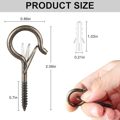 12 PCS Q-Hanger Hooks, Screw Hooks for Outdoor String Lights, Safety Buckle Design Cup Eye Hook for Hanging Christmas Lights, Plants, Wind Chimes, Mounted on Wall Ceiling, Windproof, Copper