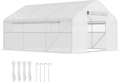 Outsunny 13' x 10' x 6.5' Hoop House Greenhouse with Large Windows and Zippered Door, Large Walk-in Tunnel Green House with Upgraded Galvanized Steel Frame, PE Cover, Gardening Plant Hot House, White