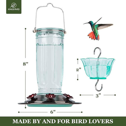 Kingsyard 2 Pack Glass Hummingbird Feeder for Outdoors, 16 Oz Wild Bird Feeder with 6 Feeding Ports Hanging for Garden Yard, Green (Ant Moat Included)