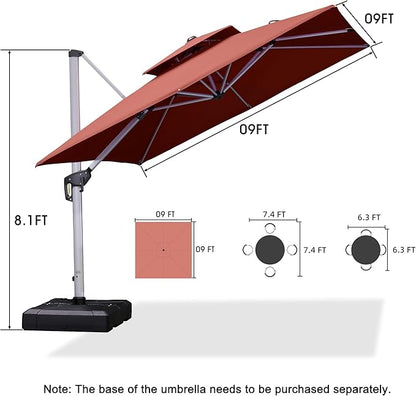 PURPLE LEAF 9ft Patio Umbrella Outdoor Square Umbrella Large Cantilever Umbrella Windproof Offset Heavy Duty Sun for Garden Deck Pool Patio, Brick Red
