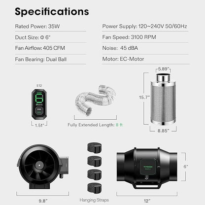 VIVOSUN Smart Air Filtration S6 Kit 6", AeroZesh S6 Inline Duct Fan with E12 Speed Controller, Carbon Filter & 8' Ducting, Cooling & Ventilation System for Grow Tents, Indoor Gardening, Hydroponics