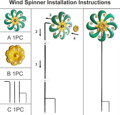 Flower Outdoor Metal Wind Spinner, Single-Layer Kinetic Garden Art with Vibrant Green Finish - Weatherproof Wind Sculpture for Lawn, Patio, Yard Decor - 10''W x 36''H