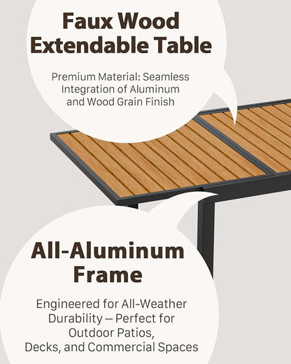 ZANDOR Expandable Patio Dining Table for 4-8 People, Aluminum Outdoor Square Table(55"-82.7") with Safety Lock,Adjustable Height-Wood Grain for Backyard,Garden,Porch, Yard,Poolside,Grey