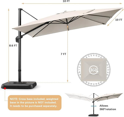 Hotime 10ft Patio Umbrella Outdoor Patio Windproof and Height adjustable, Heavy Duty Aluminum Square Offset Patio Umbrella Cantilever Pool Umbrella with 360°Rotation for Garden Deck Pool, Beige