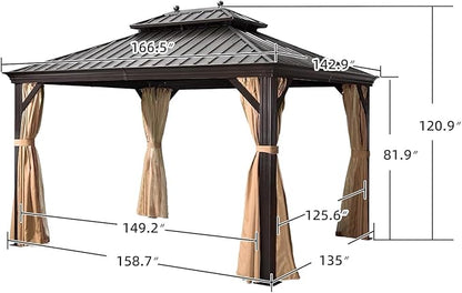 PURPLE LEAF 12' X 14' Outdoor Hardtop Gazebo Permanent Outside Heavy Duty Sun Shade Deck Canopy for Patio All Weather Aluminum Metal Roof Backyard Pavilion with Netting and Curtains