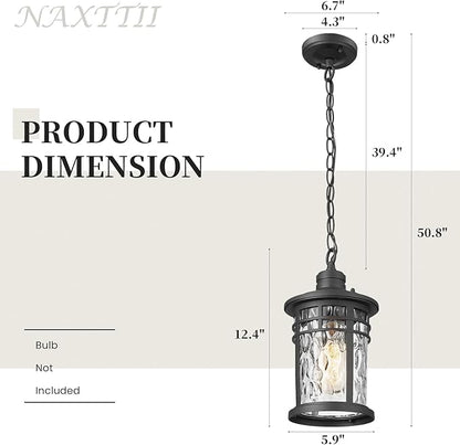 Outdoor Pendant Lights for Porch Aluminum Hanging Porch Light with Water Ripple Glass Hanging Lantern for Front Patio Gazebo Foyer or Garage