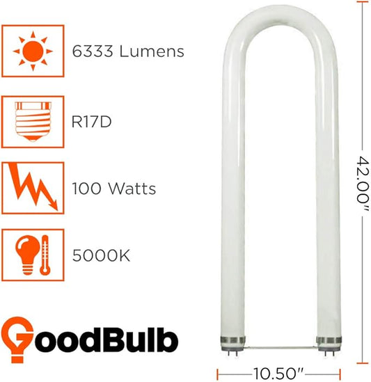 GoodBulb 100-Watt 6 Inch T12 Fluorescent U-Bend Light Bulb 5000K Daylight White Color Medium Bi-Pin Base High Output 6333 Lumens 10000 Life Hours 62 CRI Pack of 6 Bulbs