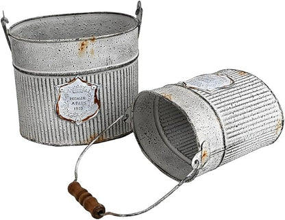 Vintage Galvanized Metal Planter Pots Set of 2, Rustic Farmhouse Flower Pots with Handles, "Potager A Paris 1903" Decorative Planters for Indoor Outdoor Gardening, Succulents, Herbs, Home Decor