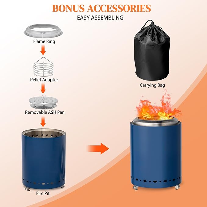 Tabletop Fire Pit 9.7 x 7.1 Inch with Removable Ash Pan, Smokeless Firepit Camping Stove with Bag for Outdoor Safe Burning Firepits, Stainless Steel Wood Burning Fire Pits for Heating, Blue