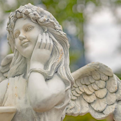 Zaer Ltd. 39" Tall Magnesium Angel Statue Figurines for Outdoor and Indoor Use (Holding a Birdbath Jazmin, Antique White)