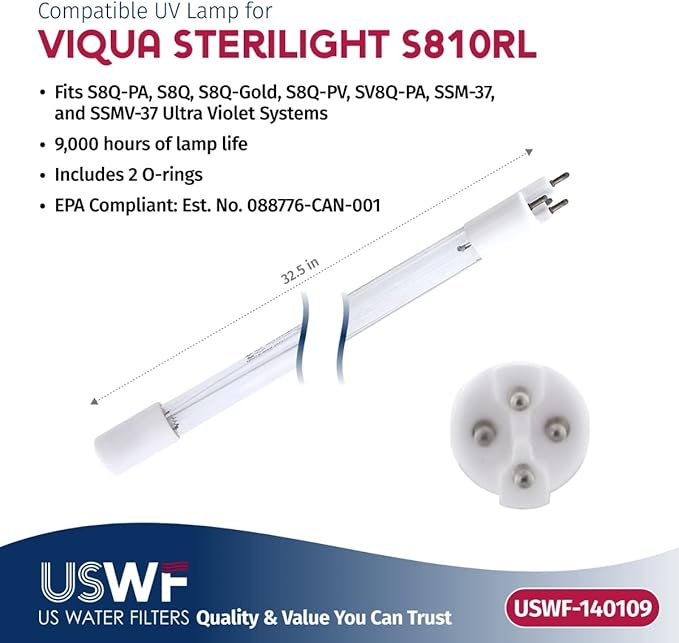 S810RL Replacement UV Lamp | Fits the VIQUA S8Q, SV8Q-PA, & SSM-37 Series UV Systems | Made in the USA, US Water Filters